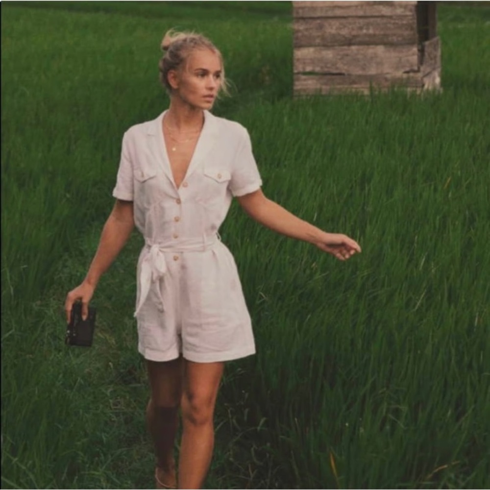 Rails Georgie Stone Linen Blend Utility Romper XS Belted Shorts Jumpsuit